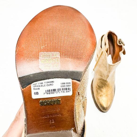 Schutz Cracked Gold Metallic Craquele Ouro Motorcycle Ankle Boots Size 6 NWT - Picture 2 of 8